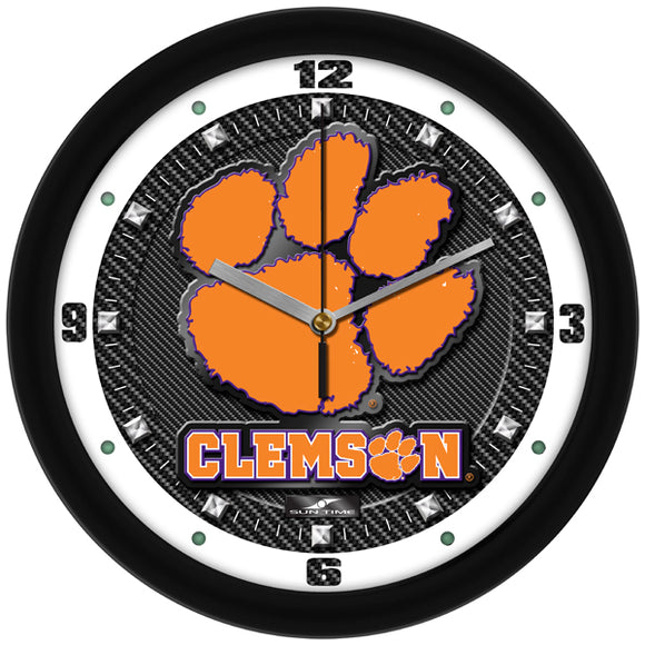 Clemson Tigers Wall Clock - Carbon Fiber Textured